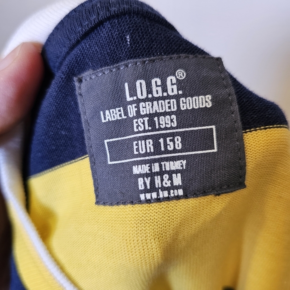 👍L.O.G.G. H&M yellow navy stripe long sleeve graphic t-shirt youth M US - Picture 5 of 7